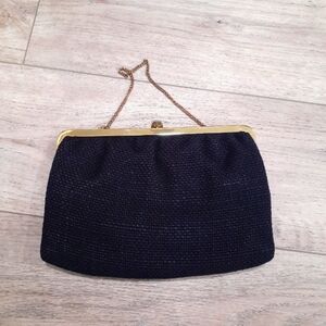 Vintage Classic Black Tapestry Evening Clutch with Gold Chain